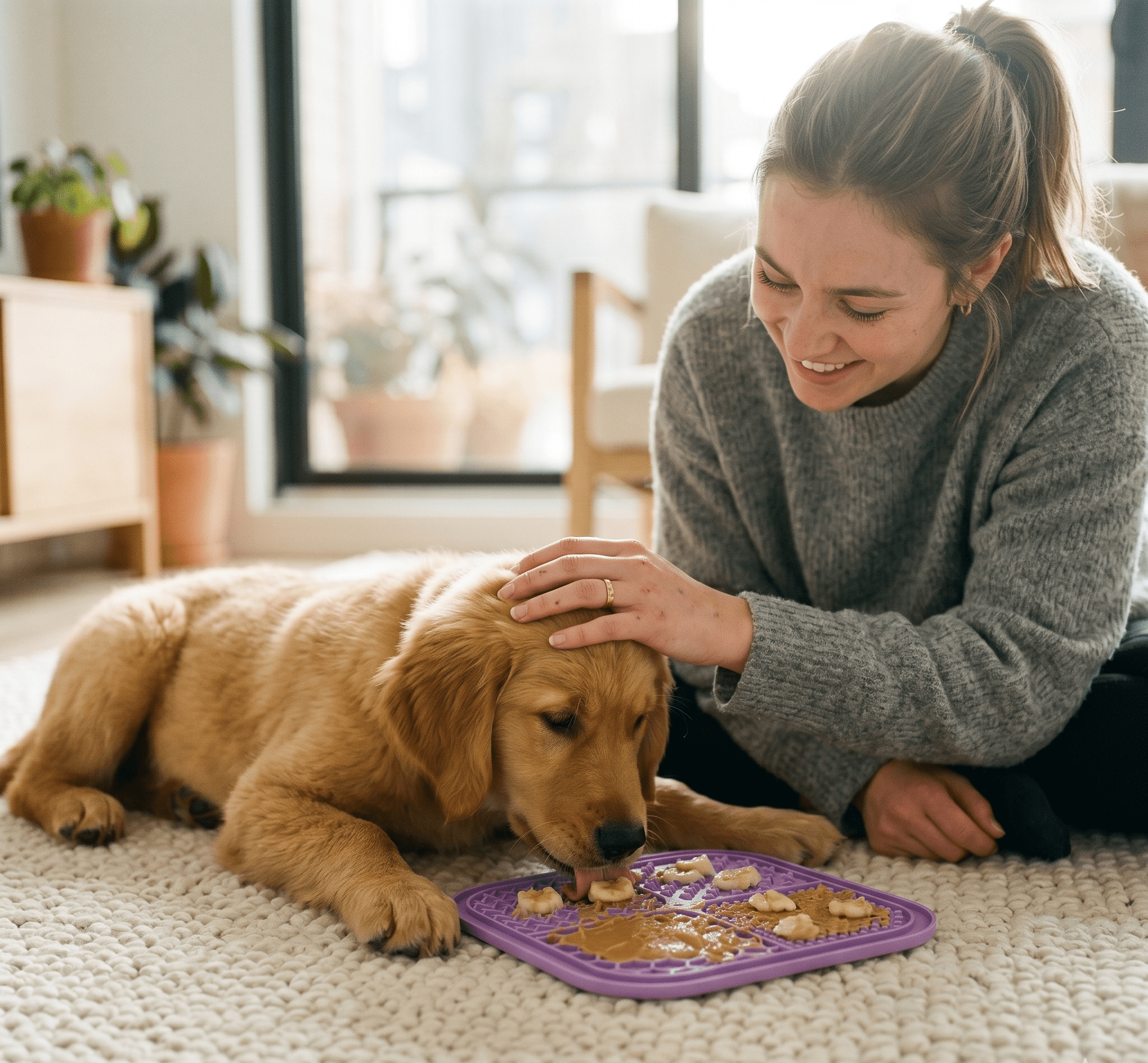 Chien utilisant un tapis de léchage Léchouille
